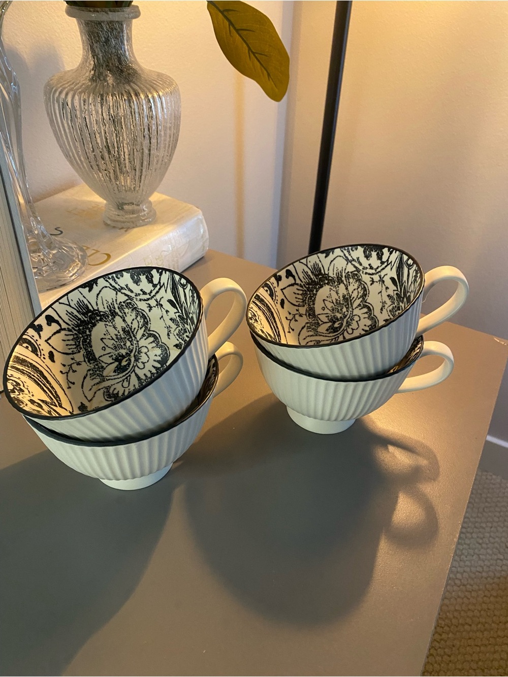 Porcelain Cream & Black Floral Mugs - Set of 4